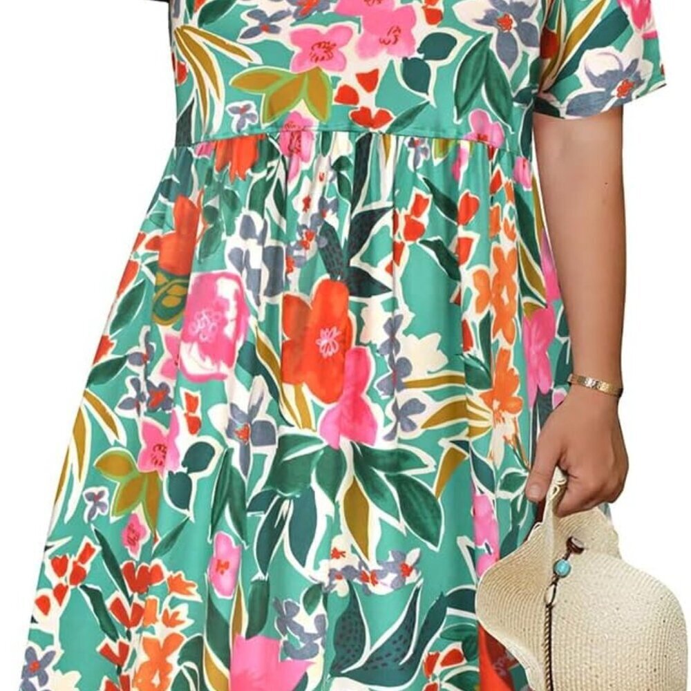 Plus Size Summer Dress Floral Babydoll Short Sleeve Pockets Casual